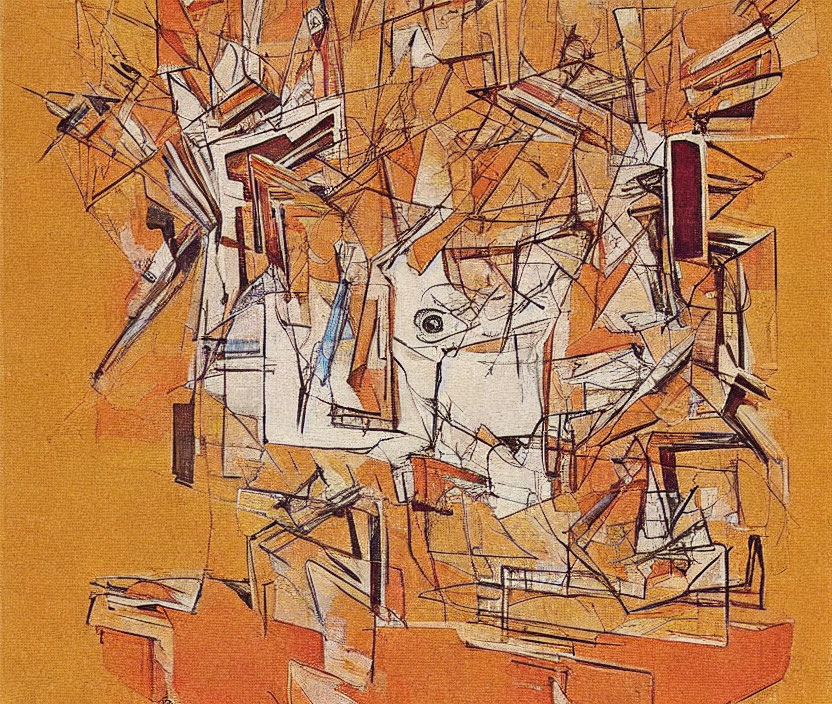 Geometric Cubist Painting in Earth Tones on Warm Orange Backdrop