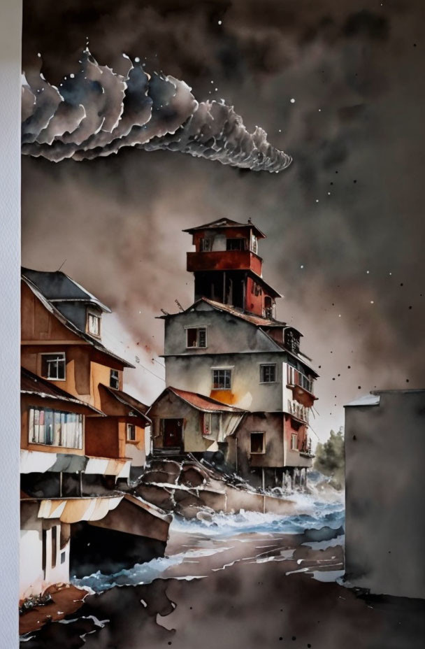 Coastal Village Watercolor: Stormy Skies and Turbulent Sea