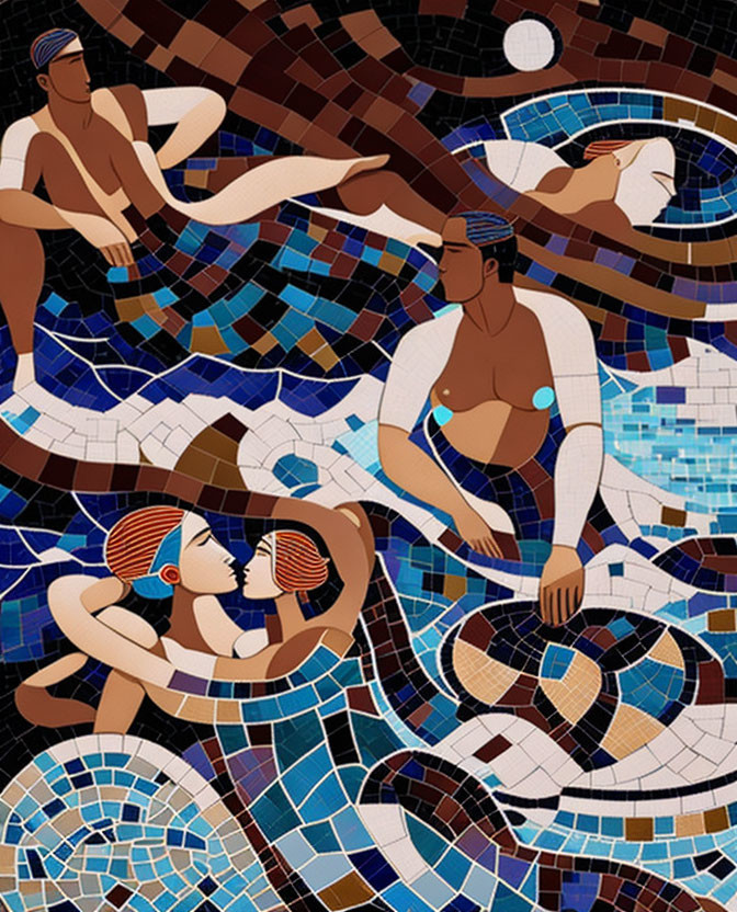 Stylized mosaic of swimmers in blue water with geometric shapes