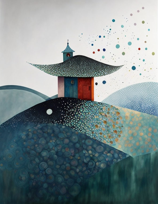 Whimsical painting of Asian-style pavilion on dotted hills