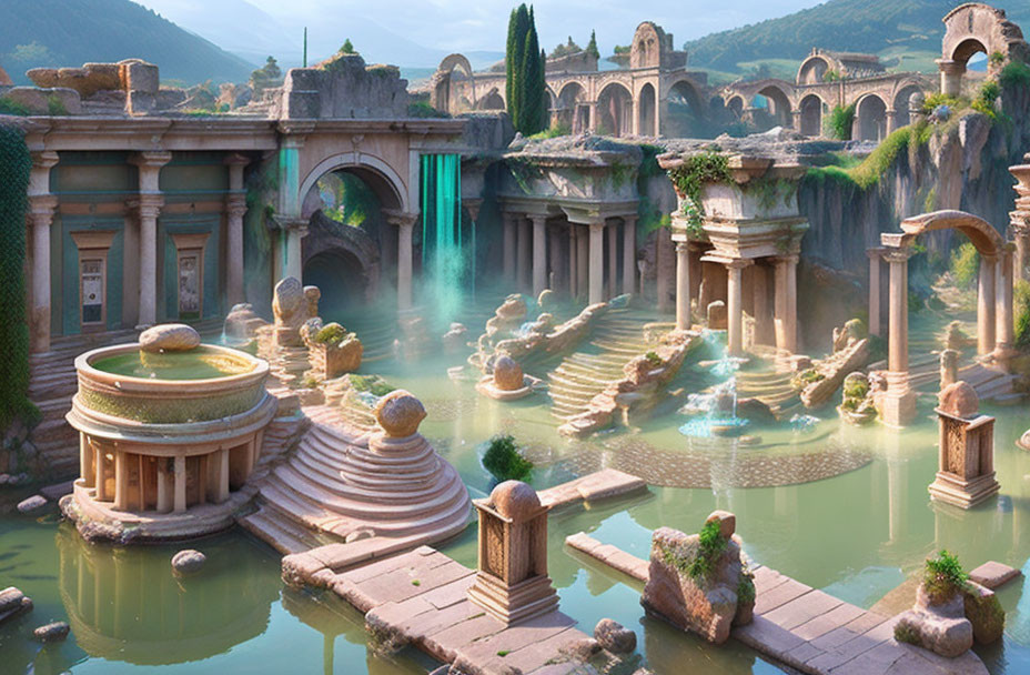 Ancient Roman bath complex with stone arches, pillars, greenery, and warm pools