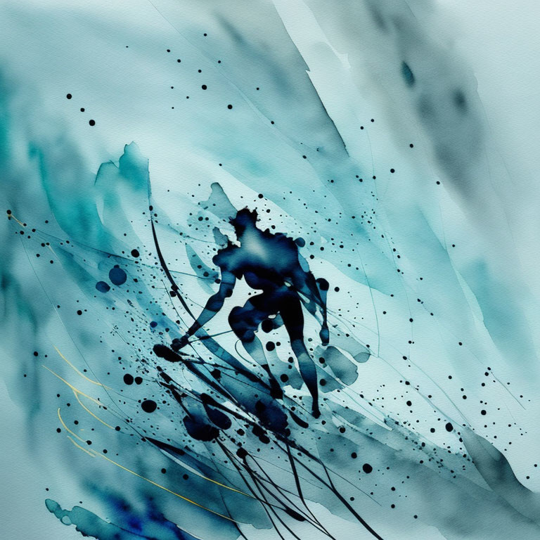 Blue abstract watercolor painting with splatters and streaks, featuring a dynamic, fluid shape.