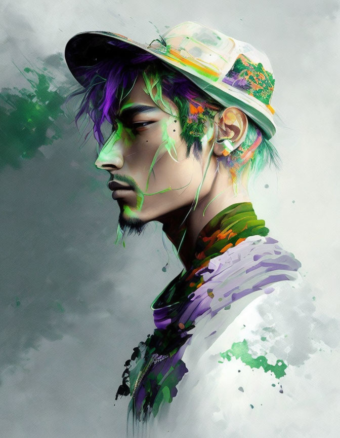 Digital portrait of person with purple hair and cap, vibrant green and purple colors, contemplative expression