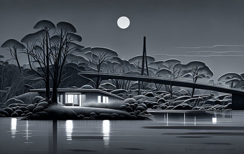 Monochromatic riverside scene with house, moon, and lush vegetation