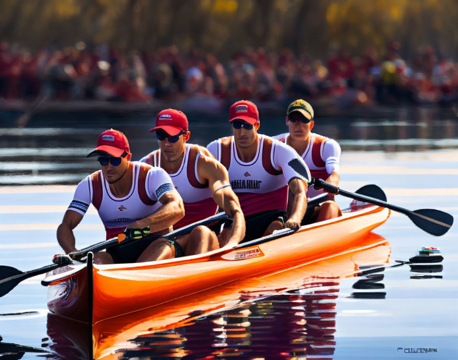 Four Rowers in Orange Boat Rowing on Calm Water