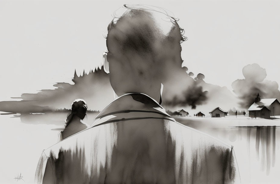 Monochrome silhouette art of person overlooking tranquil landscape