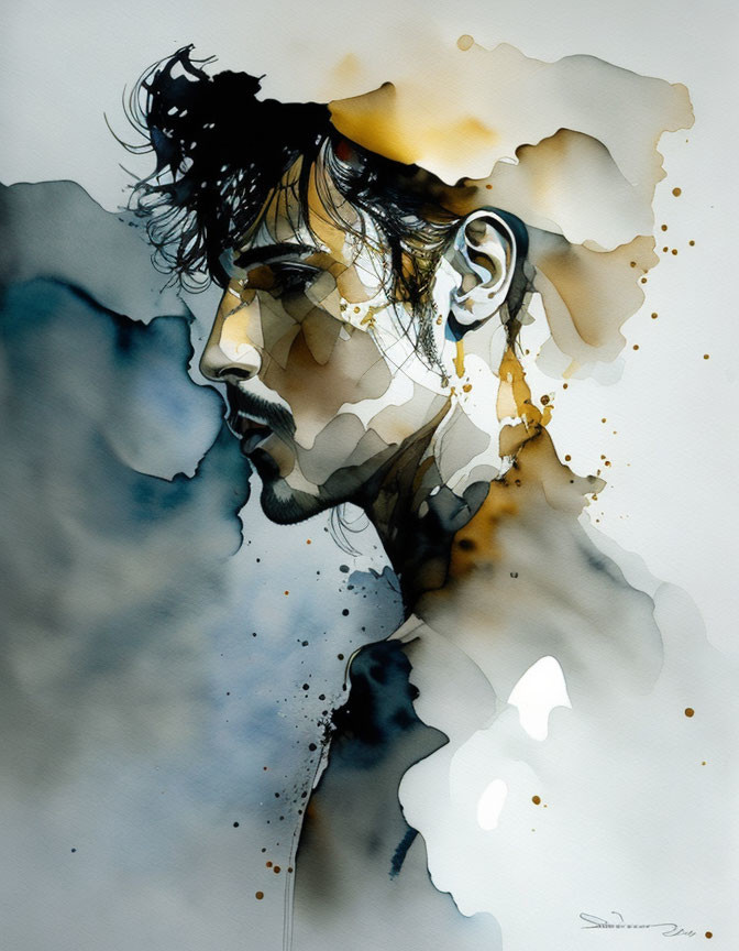 Abstract Watercolor Portrait of a Man in Black, Blue, and Yellow