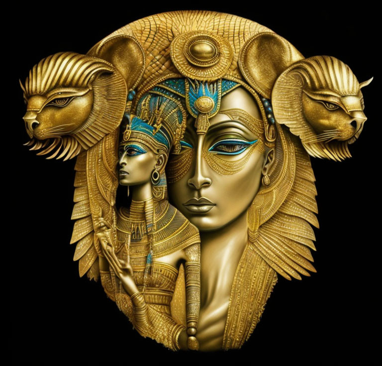 Regal Egyptian-themed gold-toned art on black background