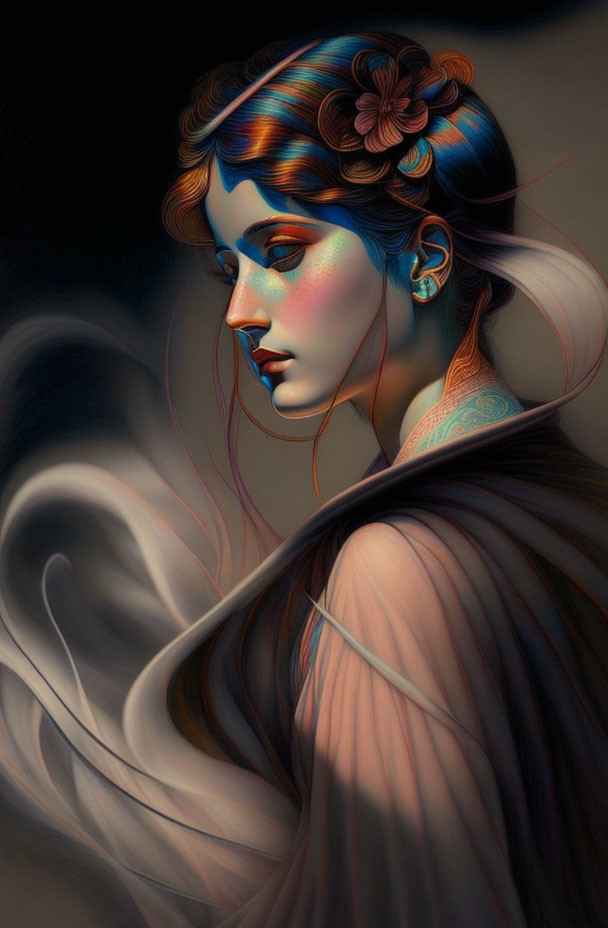 Blue-skinned woman digital artwork with ornate hair and fluid drapery.