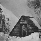 Snow-covered landscape: Glowing windows in wooden cabins at dusk