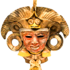 Stylized female figure with golden headdress and headphones on dark background