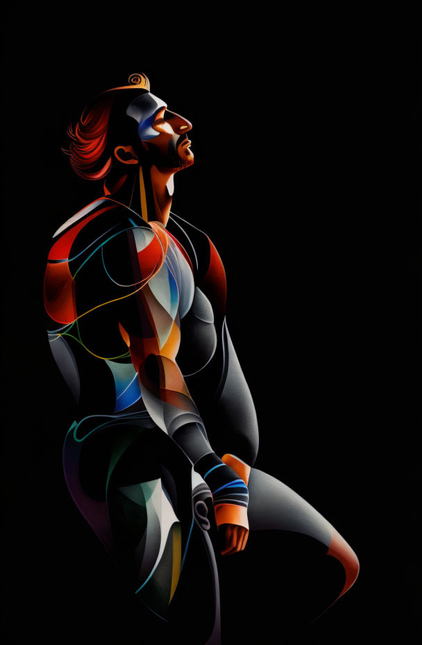 Colorful abstract illustration of a person in dynamic pose on black background