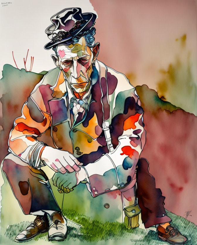 Watercolor illustration of older man in patchwork jacket and hat with cigarette.