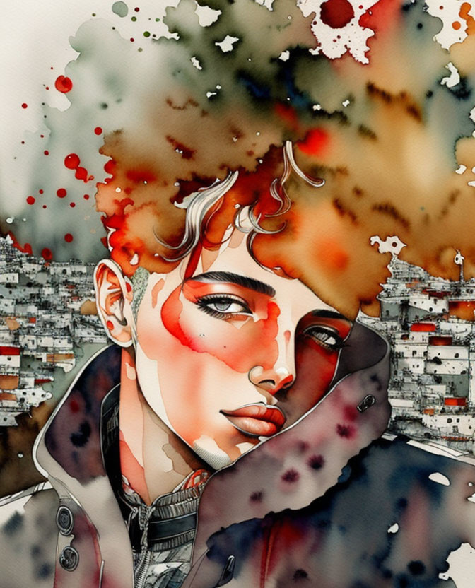 Colorful watercolor portrait with cityscape background & striking features