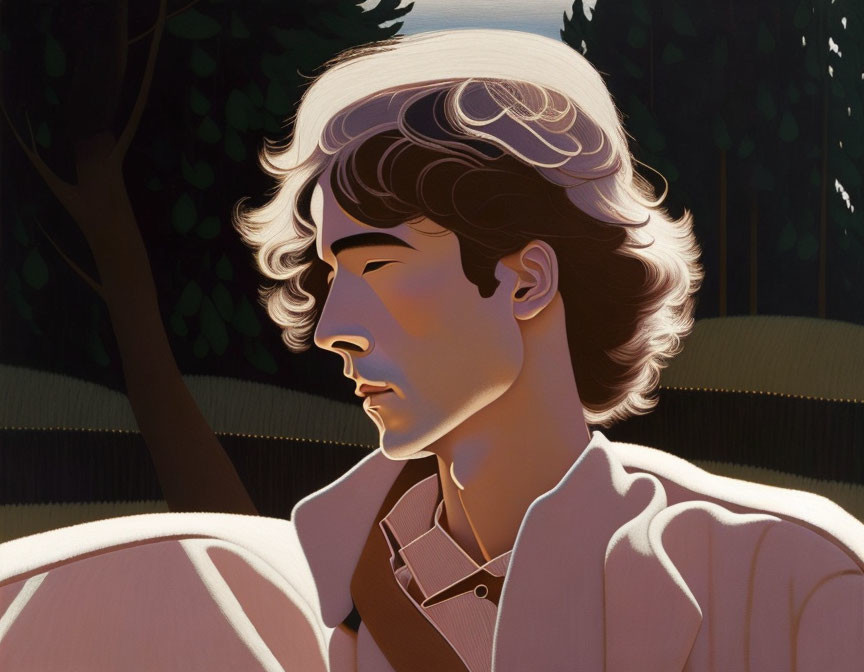 Profile Stylized Illustration of Person with Wavy Hair in Sunlit Foliage