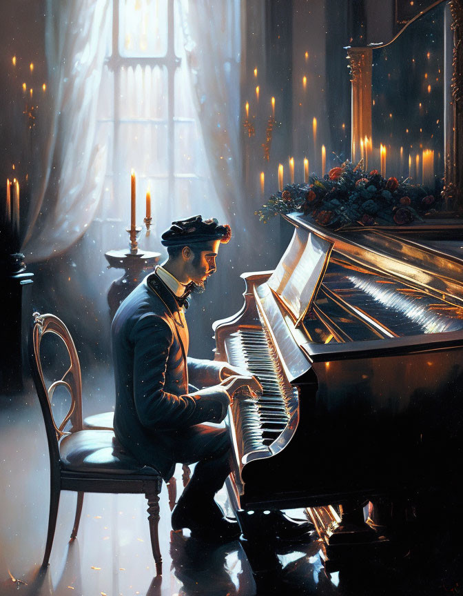 Man in suit plays grand piano in candlelit room with large windows