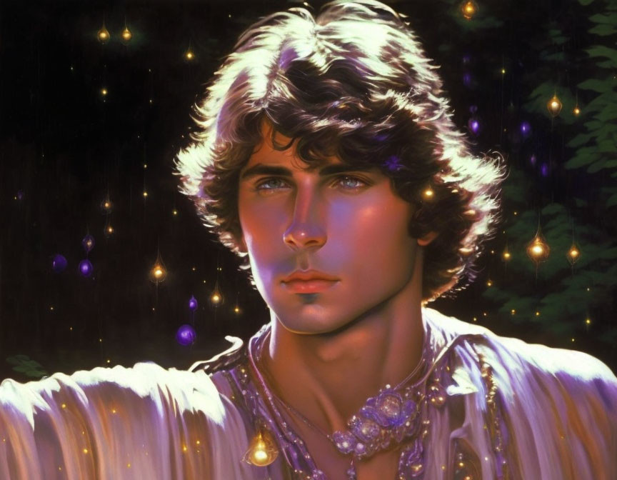 Portrait of young man with curly hair and jewelry against night backdrop