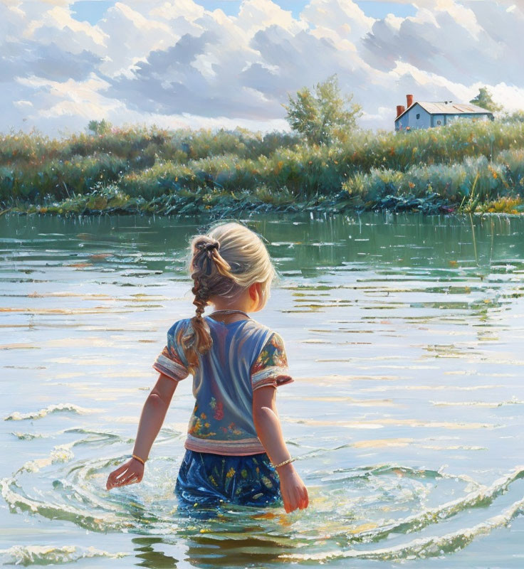 Young girl with braid wading in lake near lush shore and house under cloudy sky