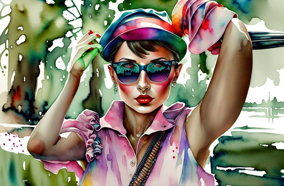 Vibrant illustration of woman in beret and sunglasses with golf club