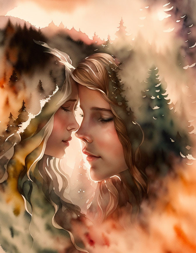 Illustrated women blend into autumn forest scene