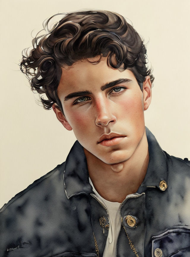 Detailed portrait of young man with curly hair and intense eyes in denim jacket