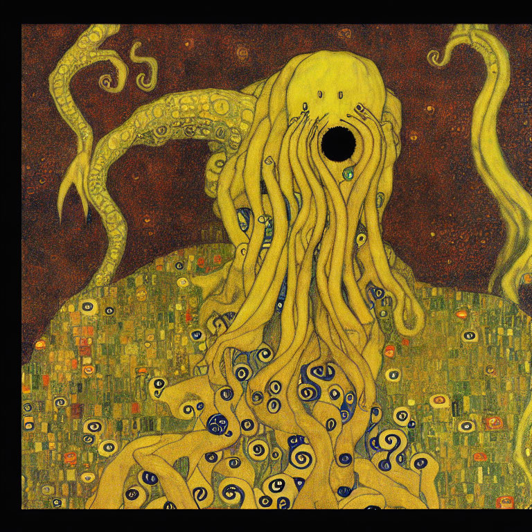 Colorful mosaic artwork featuring creature with tentacles and a large eye