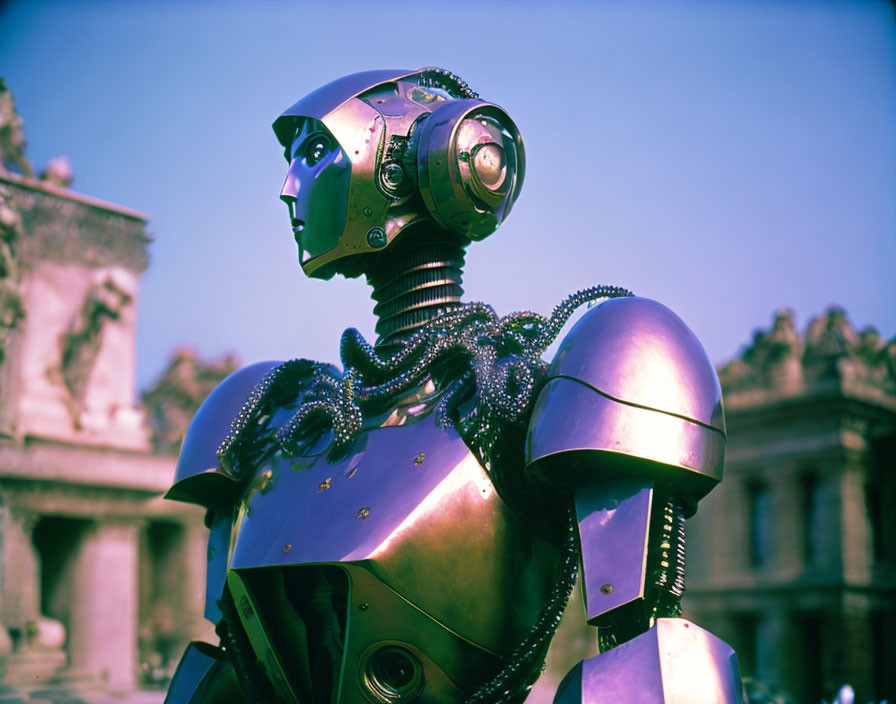 Metallic humanoid robot with octopus-like tentacles against classical architecture.