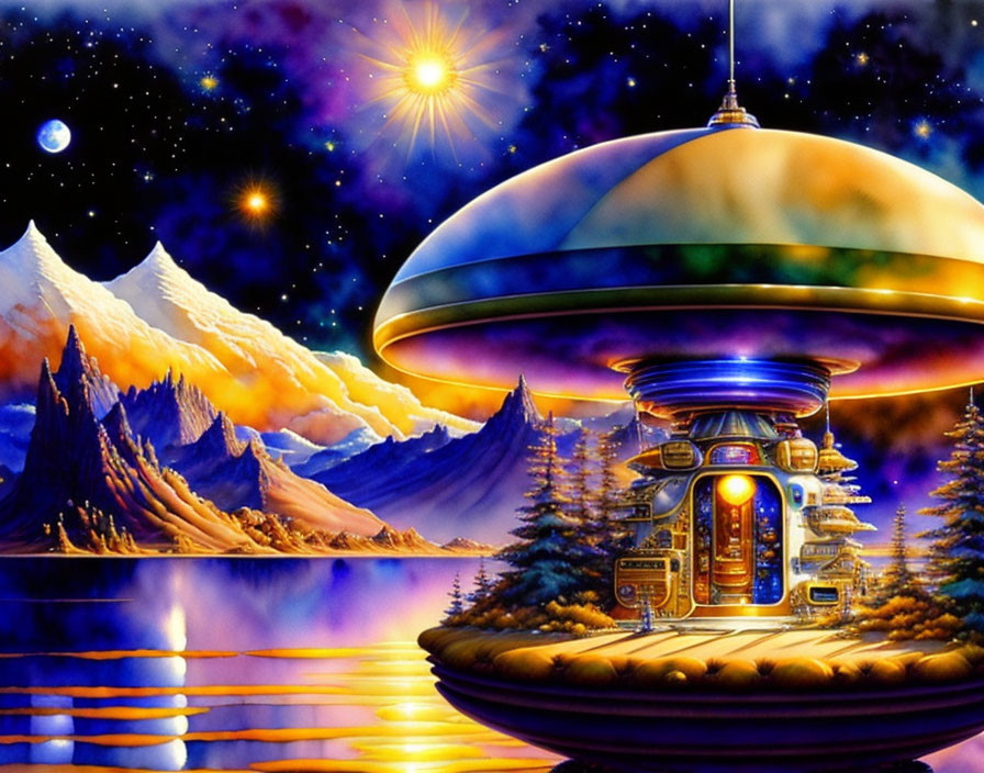 Vibrant sci-fi scene: shiny UFO, glowing entrance, snowy landscape, mountains, starry