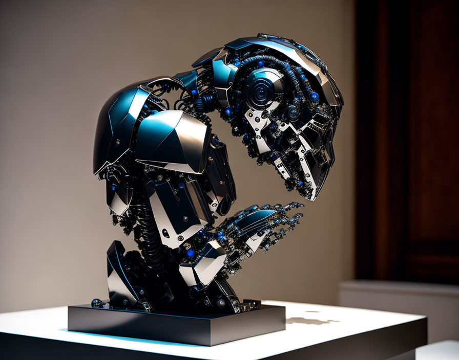 Intricate robot head sculpture with blue lighting on white pedestal