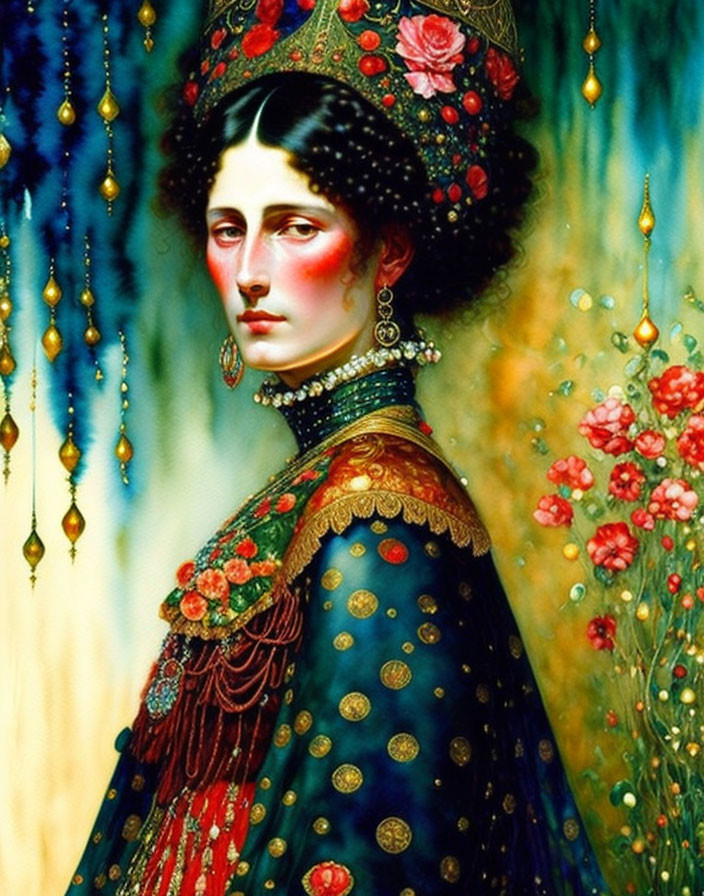 Vibrant painting of woman in floral dress and headdress