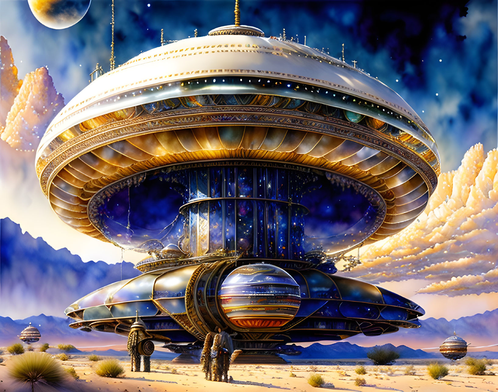 Ornate futuristic spaceship above desert landscape with floating spheres