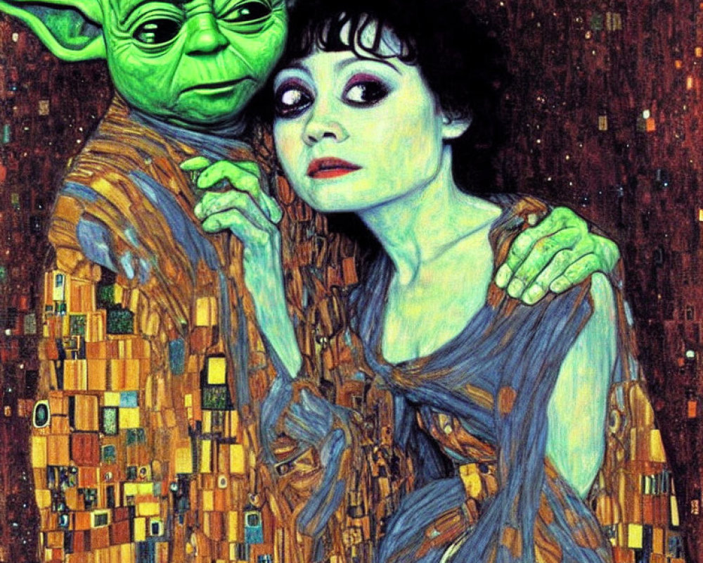 Illustration of Yoda fused with a woman in Klimt-inspired style