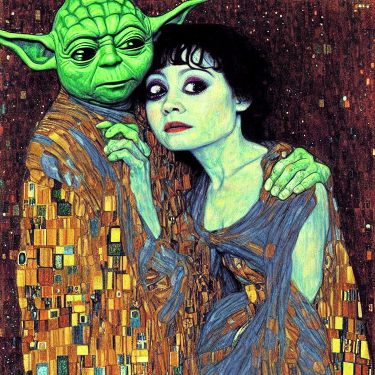 Illustration of Yoda fused with a woman in Klimt-inspired style