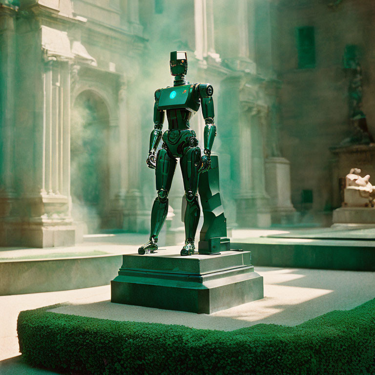 Humanoid robot mimics historic statue in sunlit courtyard