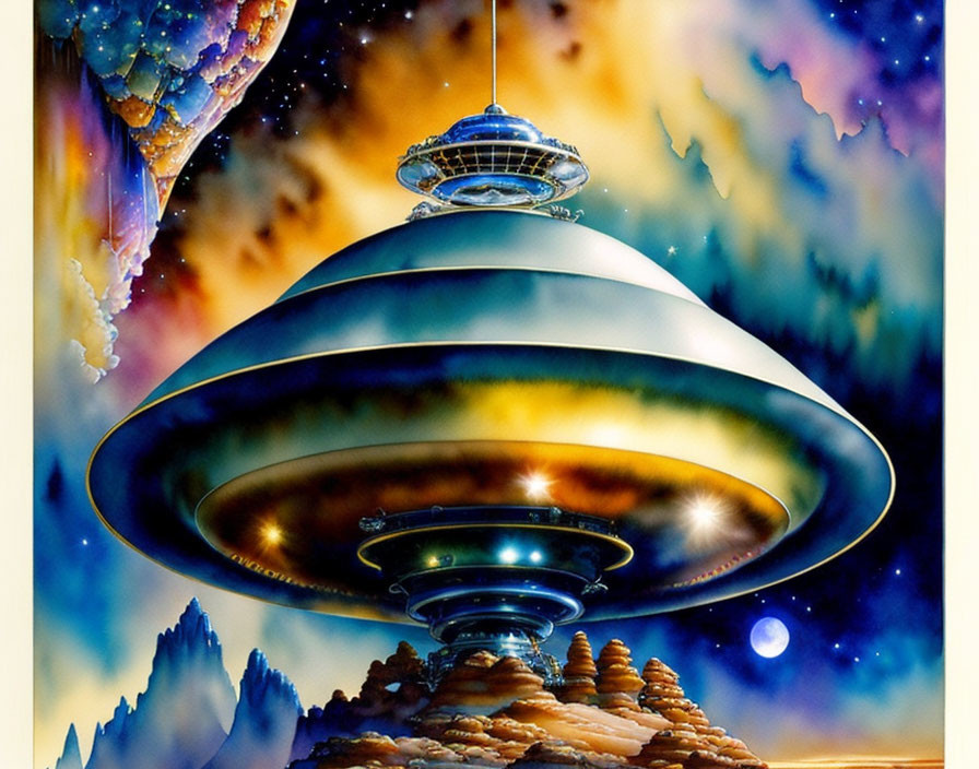 Colorful UFO Illustration Hovering over Rocky Landscape with Cosmic Background