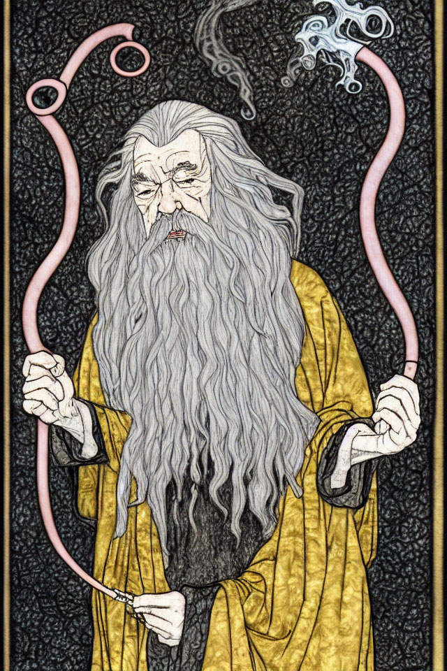 Bearded wizard in yellow robe with staff on dark ornate background