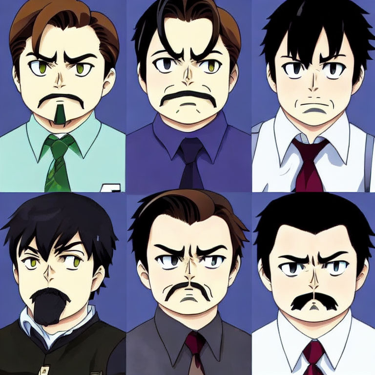 Male animated character showcases six facial expressions: anger, confusion, and more through changes in eyebrows, eyes