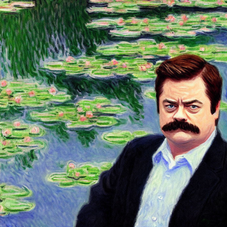 Impressionist painting of man with mustache amid water lilies