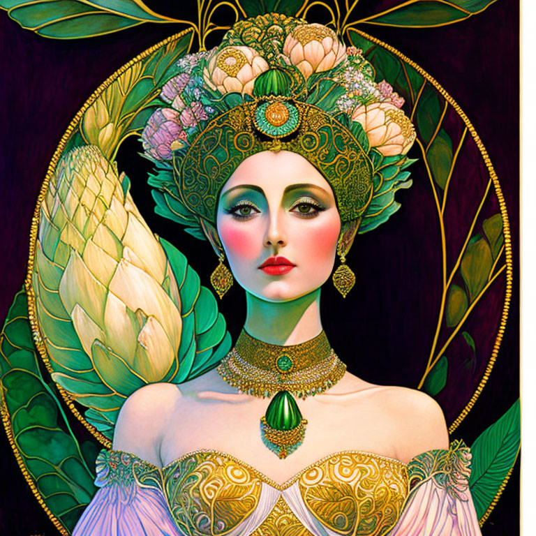 Colorful Art Nouveau Woman with Floral Patterns and Jewelry