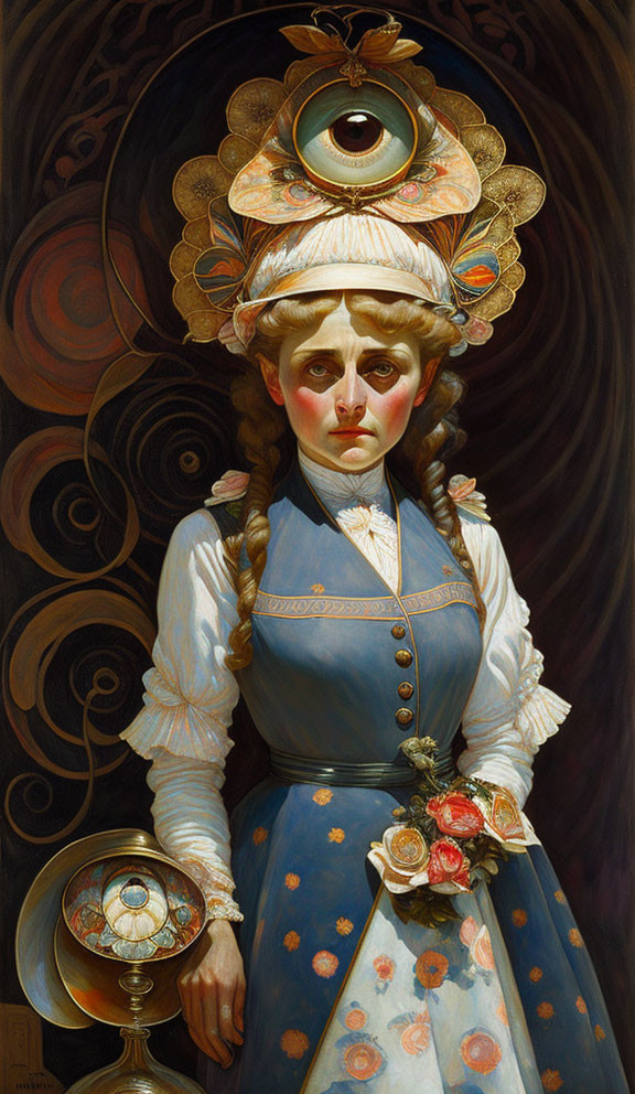 Surreal portrait of woman with braids in eye-adorned hat and blue floral dress holding