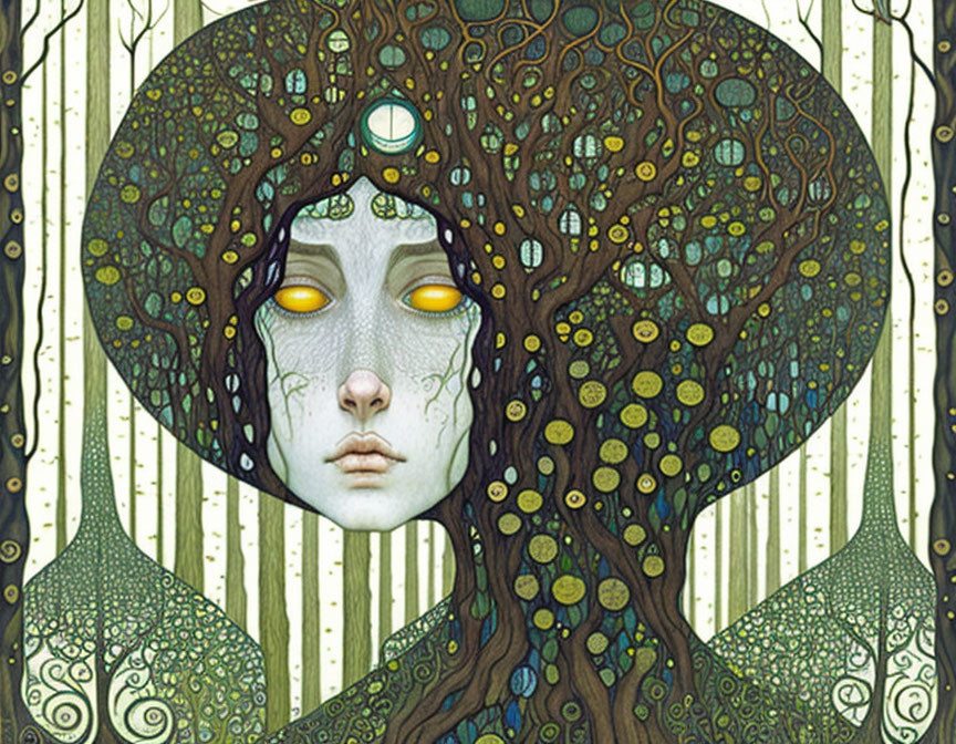 Illustrated portrait blending tree and human face with swirling patterns and yellow eyes on green background