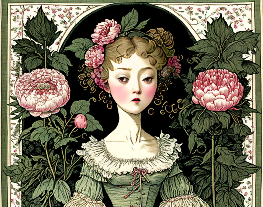 Classic Artwork: Woman with Flowers in Hair Surrounded by Pink Blooms