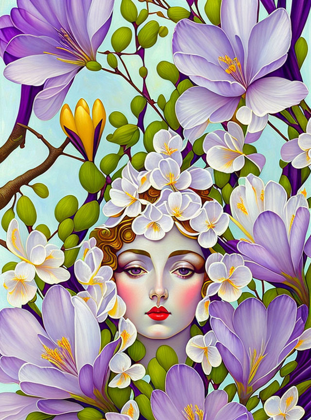 Illustration of Woman's Face with Purple and Yellow Flowers