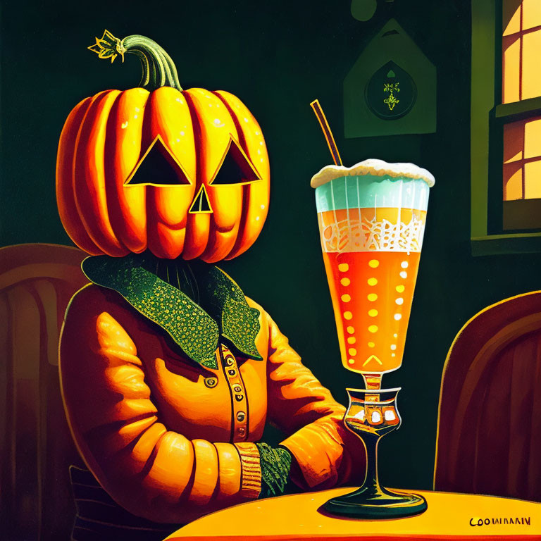 Whimsical pumpkin-headed character enjoying a creamy drink at a table