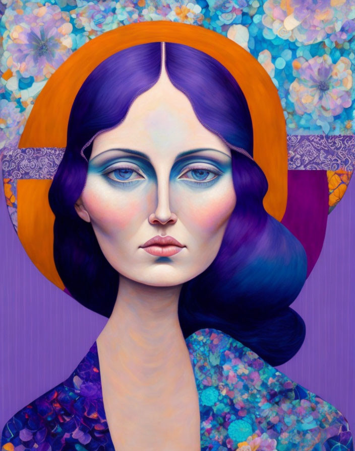 Colorful portrait of woman with blue eyes and purple hair on floral backdrop