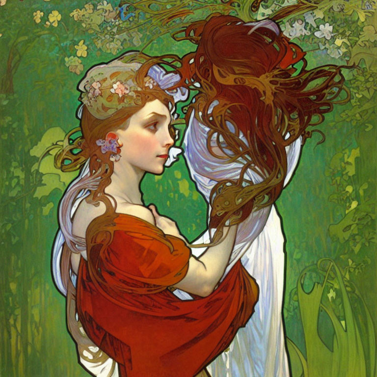 Art Nouveau style illustration of woman with red hair and white blossoms on green background