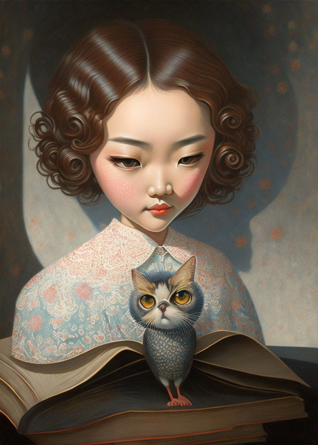 Portrait of Girl with Short Wavy Hair and Grey Cat on Book