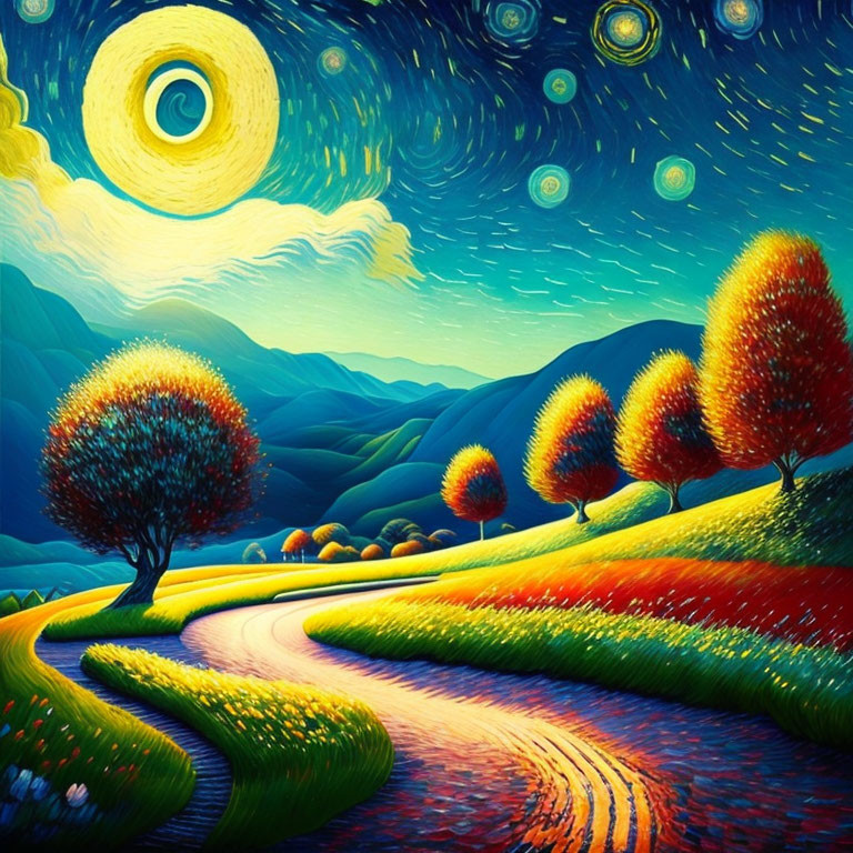 Colorful Stylized Painting of Whimsical Landscape with Celestial Skies