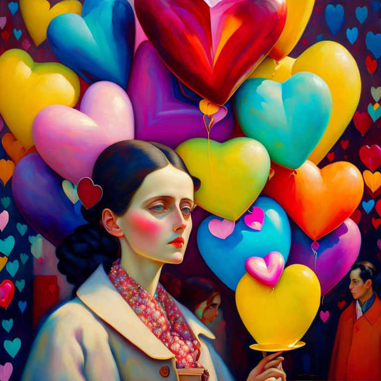 Somber woman with heart-shaped balloons and onlookers in background