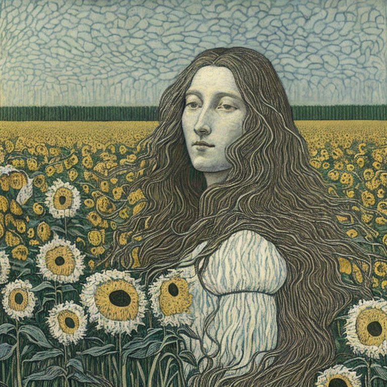 Woman with flowing hair in front of sunflowers under cloudy sky in Art Nouveau style